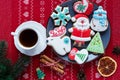 Gray plate with gingerbreads on the table. Holiday, celebration, cooking concept. Close up. New Year and Christmas cookies. Royalty Free Stock Photo