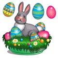 Gray plush bunny lies on grass mat with colored painted Easter eggs.