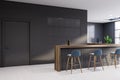 Gray pub corner with bar counter and stools