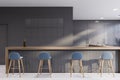 Gray pub interior with bar counter and stools