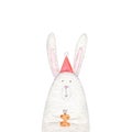 Gray rabbit in a cap with present. Happy Birthday watercolor card on white background