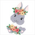 Gray rabbit or hare wearing a flower wreath on its head.