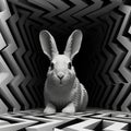 Gray Rabbit In Monochromatic Op Art Maze - Digital Wall Art