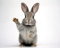 Gray rabbit is standing on its hind legs and saying hello.