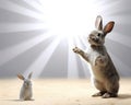 Gray rabbit is standing on its hind legs and saying hello.