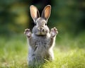 Gray rabbit is standing on its hind legs and saying hello.