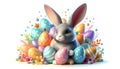 A gray rabbit is surrounded by a collection of colorful Easter eggs Royalty Free Stock Photo