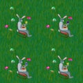 Gray rabbits on rocking chair front grass lawn with easter eggs