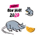 Gray rat with cheese, symbol of chinese happy new year 2020. Chinese Zodiac sign. Vector illustration, isolated on a Royalty Free Stock Photo