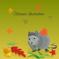 Gray rat nibbles on bamboo in autumn, fall leaves,