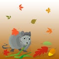 Gray rat nibbles on bamboo in autumn, fall leaves