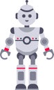 Gray and red robot standing with a smile on its face, representing artificial intelligence, automation, and future