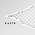 Gray ripped open paper with transparent background. Torn paper sheet. Paper texture. Vector illustration