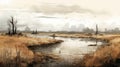 Gray River In The Prairie: A Digital Fantasy Landscape Painting