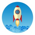 Gray rocket and white cloud, circle icon in flat style, conceptual of start up new business project, take off of a business or Royalty Free Stock Photo