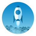 Gray rocket and white cloud, circle icon in flat style, conceptual of start up new business project, take off of a business or Royalty Free Stock Photo