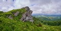 Gray rocks on top of a mountain among green blueberry bushes. Summer landscape in the Carpathian mountains Royalty Free Stock Photo