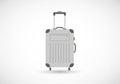 Gray rolling suitcase with a hard shell design, featuring four wheels for easy maneuverability. The Royalty Free Stock Photo