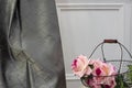 Gray satin curtain fabric sample. Curtains, tulle and furniture upholstery Royalty Free Stock Photo