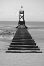 Gray scale of a long wooden deck into the sea