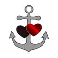 Gray sea anchor with a red and black heart symbolizing love and romance, a honeymoon trip or a love of boating and yachting