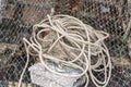 .Gray sea ropes lie in a heap in fishing port.Thailand