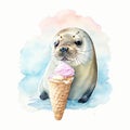 gray seal isolated graphic eating pink ice cream