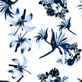 Gray Seamless Background. Indigo Pattern Art. Cobalt Tropical Nature. Navy Flower Leaves. Blue Watercolor Leaves.