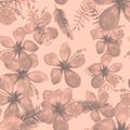 Gray Seamless Botanical. Coral Pattern Background. Pink Tropical Plant .Flower Textile. Drawing Botanical. Flora Texture. Royalty Free Stock Photo