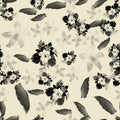 Gray Seamless Design. White Pattern Textile. Black Tropical Hibiscus. Flower Palm. Floral Palm. Flora Texture. Royalty Free Stock Photo