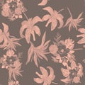Gray Seamless Leaf. Pink Pattern Art. Brown Tropical Nature. Black Flower Vintage. Coral Watercolor Botanical.