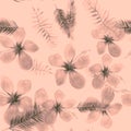 Gray Seamless Palm. Coral Pattern Background. Pink Tropical Botanical .Flower Art. Drawing Painting. Flora Art.