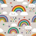 Gray seamless pattern with cute rainbow, cloud, bird and sun