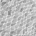 Gray seamless pattern, with different types of hand-made hatching. Wavy shaded elements look like leaves. Asymmetric