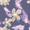 Gray Seamless Texture. Purple Pattern Art. Violet Tropical Illustration. Indigo Flower Foliage. Azure Drawing Leaf.