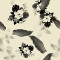 Gray Seamless Texture. White Pattern Painting. Black Tropical Vintage. Flower Botanical. Floral Design. Flora Palm.