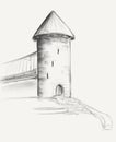 Gray sketch with castle. Graphic illustration Royalty Free Stock Photo