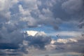 Gray sky with many heavy and dark clouds. blue sky background. Royalty Free Stock Photo