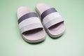 Gray slide sandal summer slippers on green background