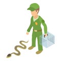 Gray snake icon isometric vector. Man in green uniform with cage near snake icon