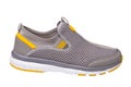 Gray sneaker, with yellow stripes, mesh cloth, sports shoes on a white background