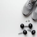 Fitness Gear Running Shoes, Dumbbells, and Earbuds Set Up for Workout Royalty Free Stock Photo