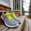 Gray sneakers with neon laces on a porch, path in background Royalty Free Stock Photo