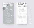 Gray and snow-white elegant vector wedding ceremony and party program card set. Editable tropical palm leaves, foliage decorative Royalty Free Stock Photo