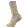 Gray sock with banana pattern, reverse side, on white background