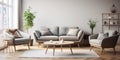 Gray sofa and armchair near wooden coffee table in cozy apartment. Interior design of modern Scandinavian living room Royalty Free Stock Photo