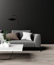Gray sofa, black lamp, marble table