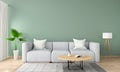 Gray sofa in green living room, 3D rendering