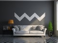 Gray sofa in the living room, black and white zigzag pattern background, Royalty Free Stock Photo