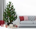 Gray sofa near the Christmas tree